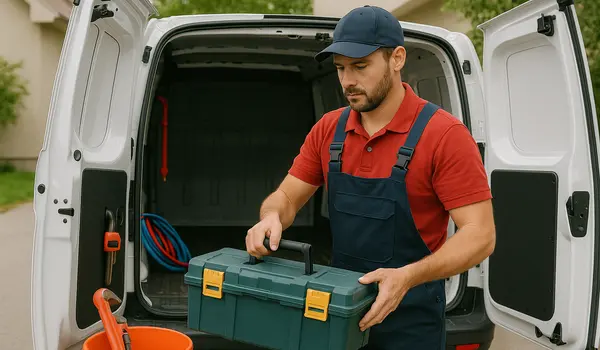A plumbing technician putting his tool box back in his van from The Cedar Park Plumber in Cedar Park, TX - Drain Clearing Services