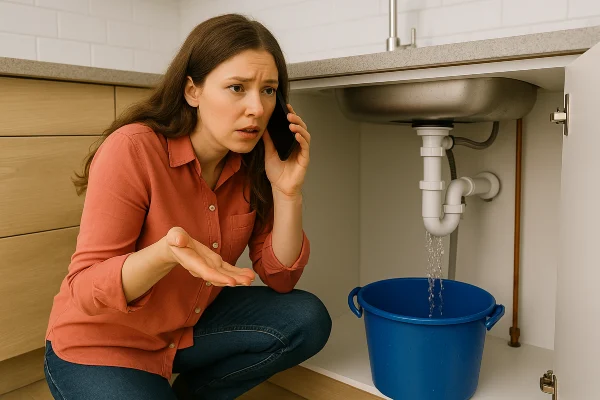 A woman on the phone with a water leak problem underneath the kitchen sink from The Cedar Park Plumber in Cedar Park, TX - Drain Clearing Services