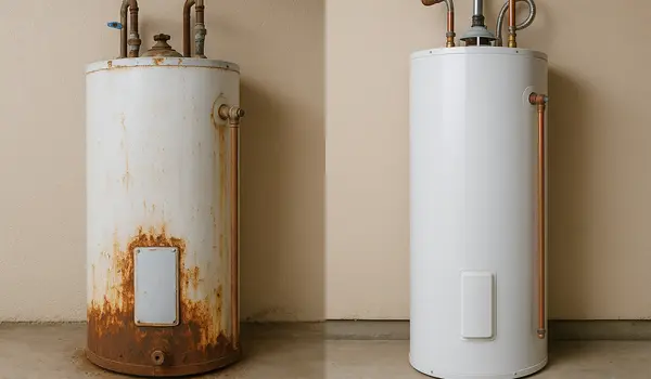 One rusted water heater next to a brand new water heater from The Cedar Park Plumber in Cedar Park, TX - Expansion Tank replacement
