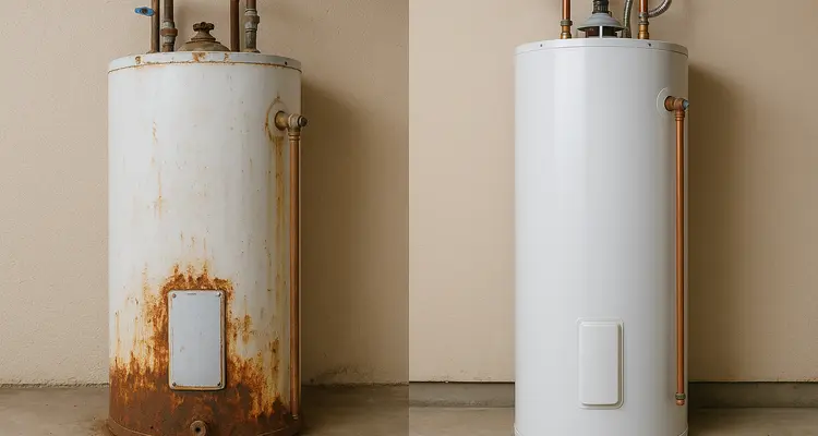 One rusted water heater next to a brand new water heater from The Cedar Park Plumber in Cedar Park, TX - Expansion Tank replacement