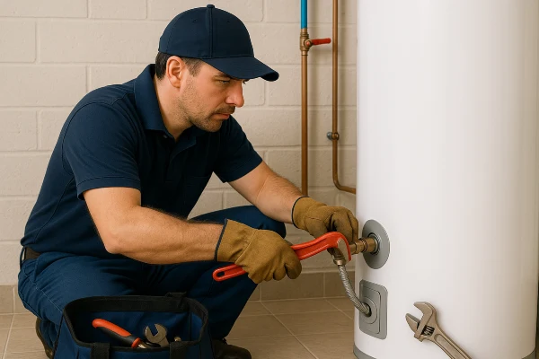 A male plumber working on a water heater connection from The Cedar Park Plumber in Cedar Park, TX - Expansion Tank replacement