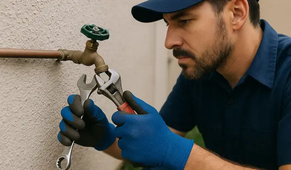 A male plumber fixing an outdoor faucet from The Cedar Park Plumber in Cedar Park, TX - Garbage Disposal Repair