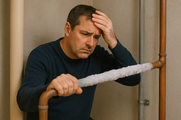 A wooried plumber looking at a frozen pipe from The Cedar Park Plumber in Cedar Park, TX - Garbage Disposal Repair