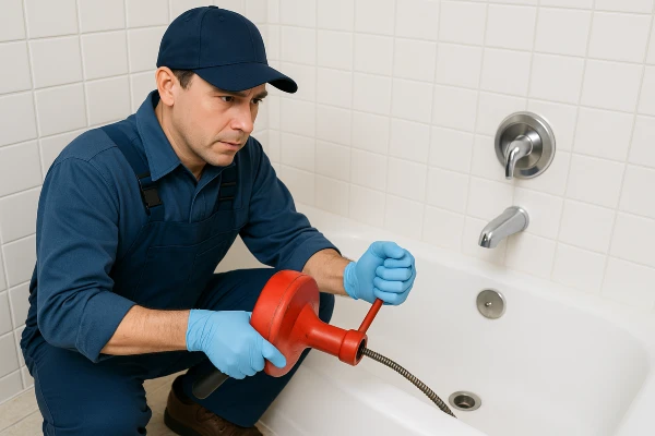 A plumber running a snake to clear a bathtub drain from The Cedar Park Plumber in Cedar Park, TX - Garbage Disposal Repair