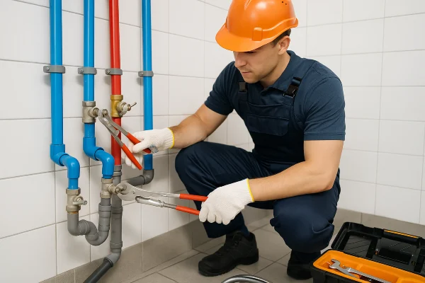 A plumber working on commercial pipe connections from The Cedar Park Plumber in Cedar Park, TX - Garbage Disposal Repair