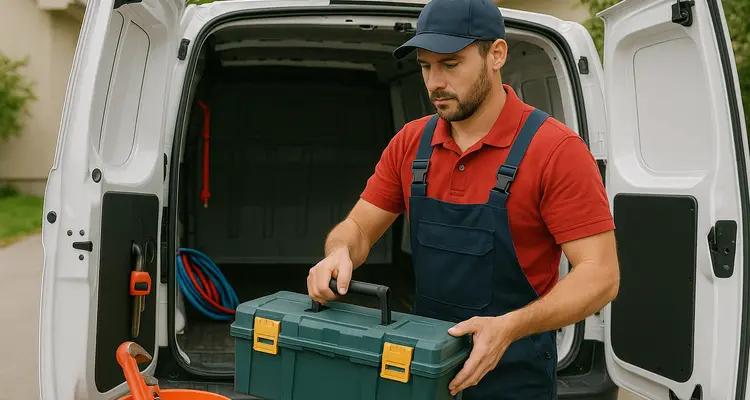 A plumbing technician putting his tool box back in his van from The Cedar Park Plumber in Georgetown, TX - Georgetown TX