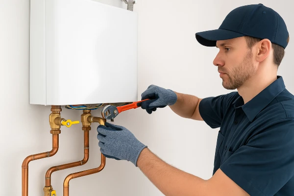 A plumber working on a tankless water heater from The Cedar Park Plumber in Georgetown, TX - Georgetown TX