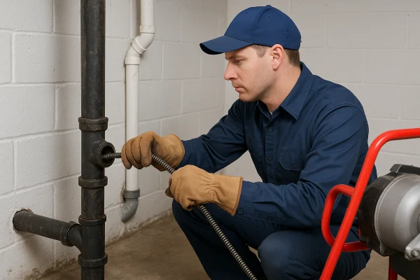 A plumber using a snake to clear a plumbing pipe from The Cedar Park Plumber in Georgetown, TX - Georgetown TX