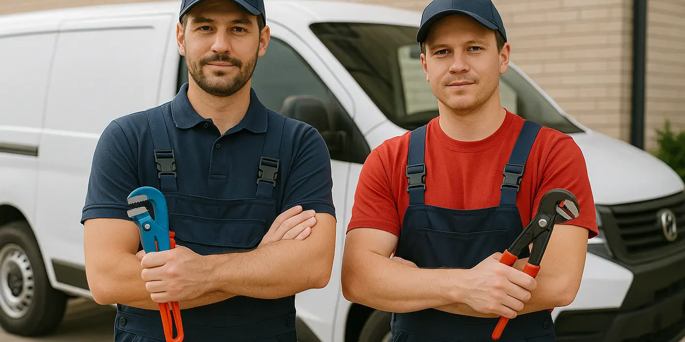 2 male plumbers looking at the camera from The Cedar Park Plumber in Cedar Park, TX - Shower cartridge replacement