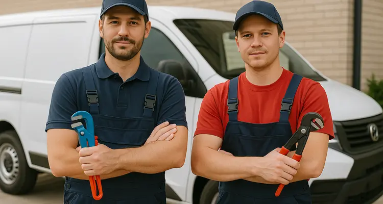 2 male plumbers looking at the camera from The Cedar Park Plumber in Cedar Park, TX - Shower cartridge replacement