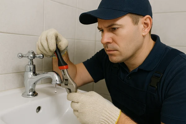 A plumbing technician using a tool to fix a water faucet from The Cedar Park Plumber in Cedar Park, TX - Shower cartridge replacement
