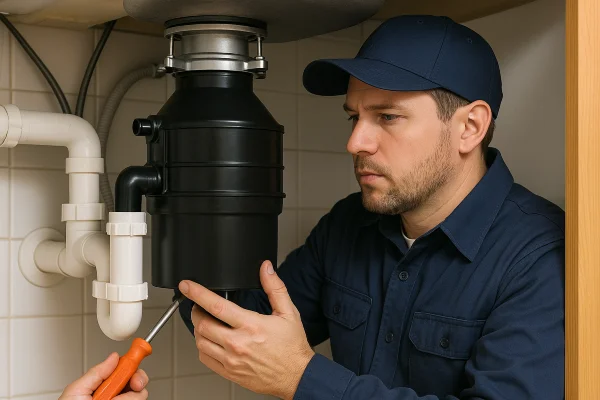 A technician working on a garbage disposal from The Cedar Park Plumber in Cedar Park, TX - tankless water heater