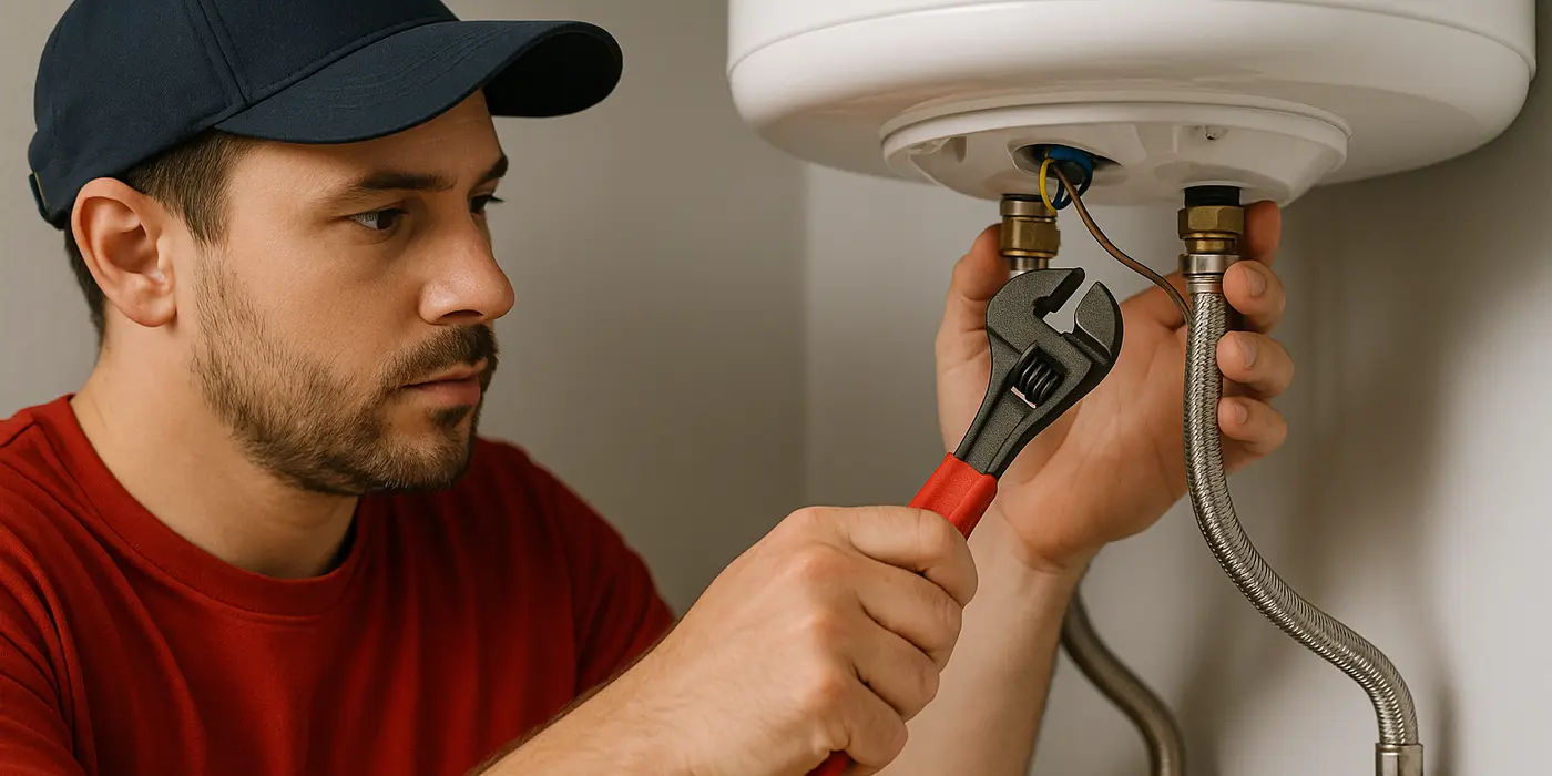 A male plumbing technician tightening a water heater connection from The Cedar Park Plumber in Cedar Park, TX - Water filtration system installation