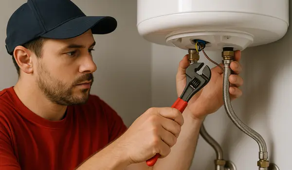 A male plumbing technician tightening a water heater connection from The Cedar Park Plumber in Cedar Park, TX - Water filtration system installation