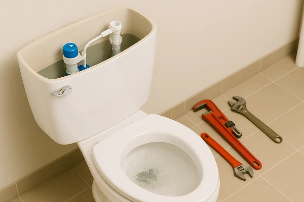 A toilet with some plumbing tools laying next to it on the floor from The Cedar Park Plumber in Cedar Park, TX - Water filtration system installation
