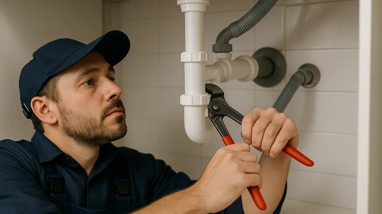 A male plumbing technician tightening a sink pipe from The Cedar Park Plumber in Cedar Park, TX - water softener installation