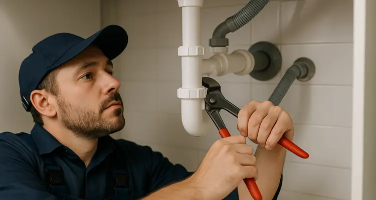 A male plumbing technician tightening a sink pipe from The Cedar Park Plumber in Cedar Park, TX - water softener installation