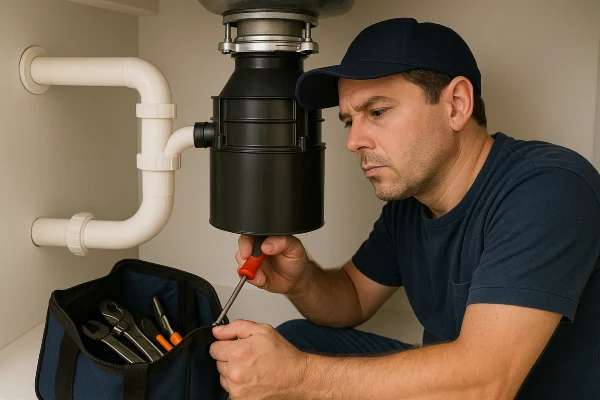 A male plumbing technician fixing a garbage disposal from The Cedar Park Plumber in Cedar Park, TX - water softener installation