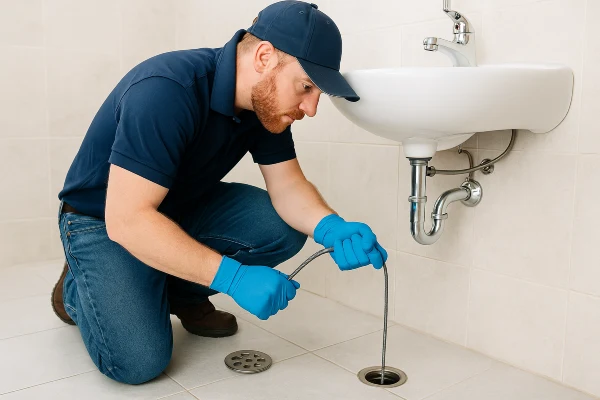 A male plumber unclogging a bathtub drain from The Cedar Park Plumber in Cedar Park, TX - water softener installation